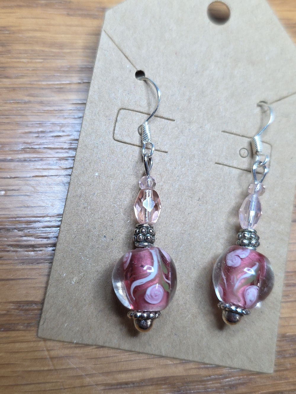 Handcrafted Pink Glass Bead Drop Earrings .925 Hooks